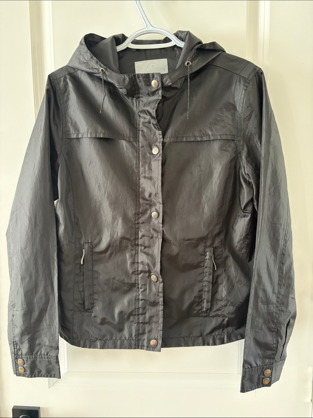 Lightweight Black Hooded Utility Jacket with Snap Front